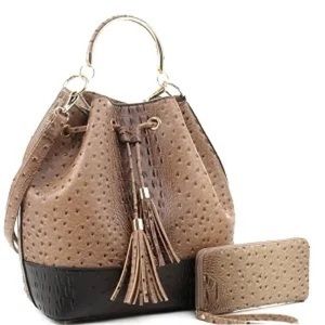 Ostrich Print 2-Way Drawstring Satchel Wallet SET